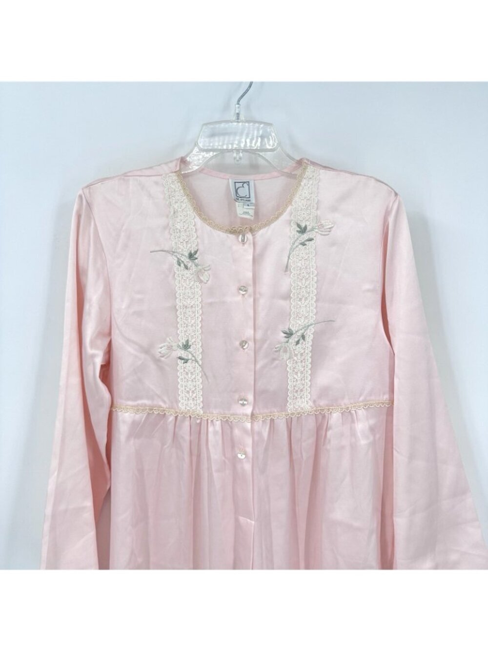 vintage EVE STILLMAN satin pink robe housedress LARGE cottagecore lounge lace - Picture 3 of 11